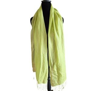 Womens 100% Silk Scarf Lime Green Rectangular Wrap with Fringe 70x27